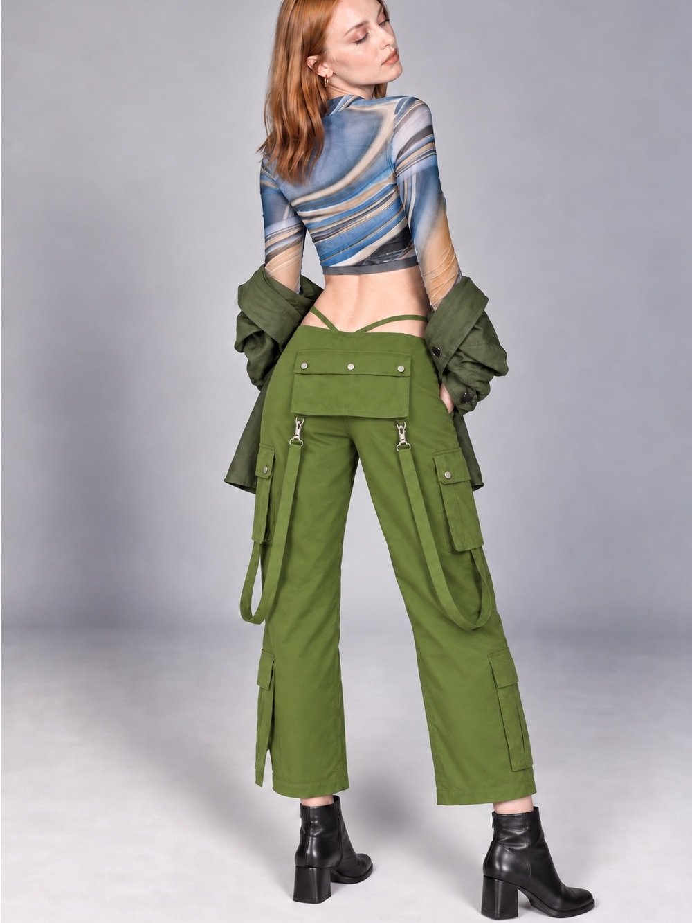 High-Waist Olive Green Cargo Wide-Leg Pants